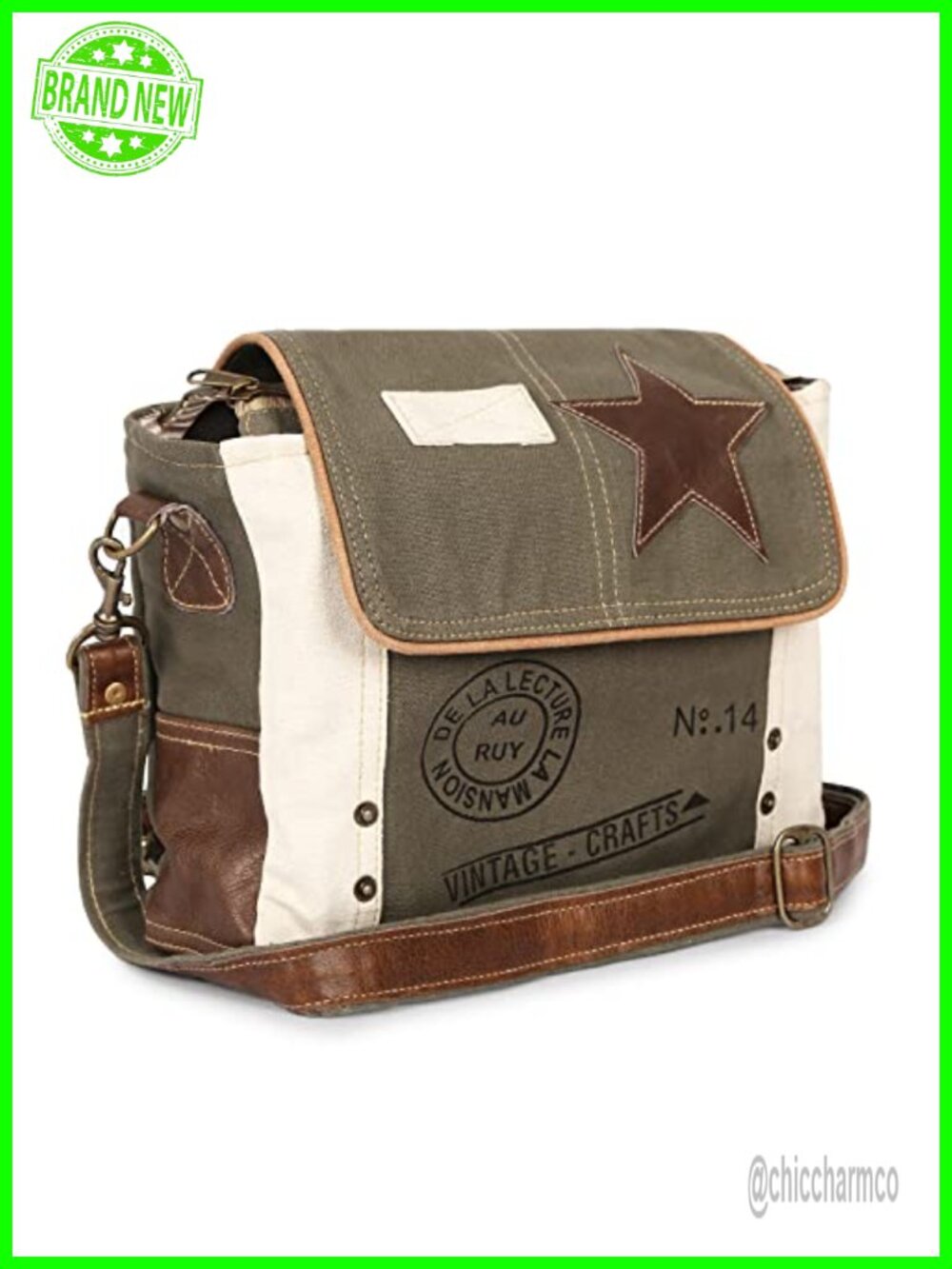Canvas Messenger Bag Unisex Crossbody Leather Trim Adjustable Strap